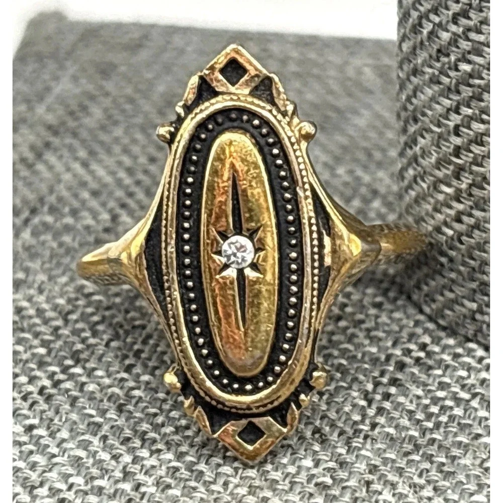 VTG Avon Kensington Art Deco Style Black Enamel Crystal Star Ring Gold Tone Sz 7